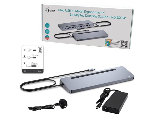 i-tec USB-C Metal Ergonomic 3x 4K Display Docking Station, PD100W + i-tec Universal Charger 100W