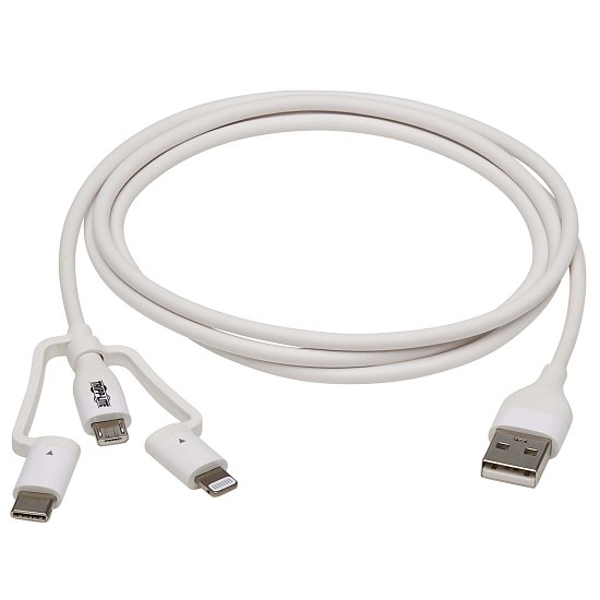 Tripplite Kabel USB-A/Light.+Micro-B+USB-C,Synch/Nabíjení,MFi,Samec/3xSamec,Safe-IT Antib,bílá,1.2m