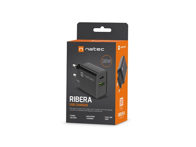 Universální nabíječka Natec RIBERA 20W 1X USB-A + 1X USB-C, černá