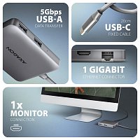 AXAGON HMC-5HL USB 5Gbps hub, 2x USB-A, HDMI 4k/60Hz, RJ-45 GLAN, PD 100W, kabel USB-C 20cm