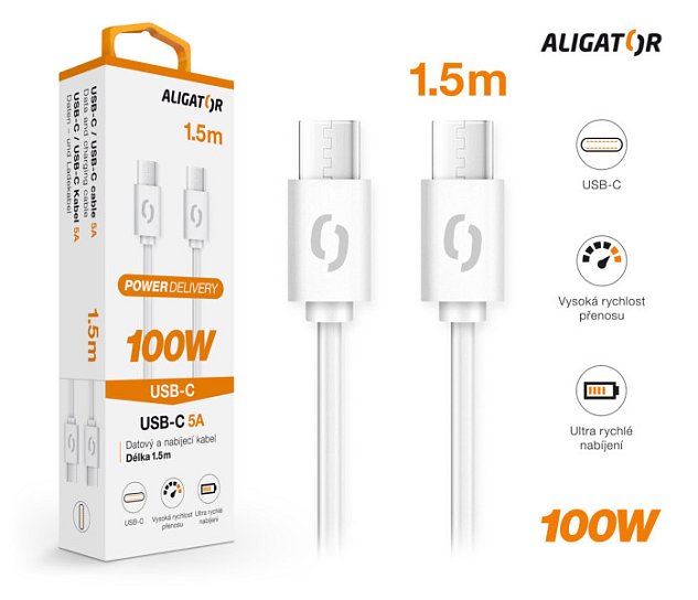 Datový kabel ALIGATOR POWER 100W, USB-C/USB-C 5A, 1,5m bílý