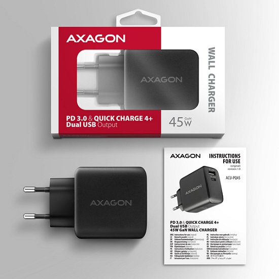 AXAGON ACU-PQ45 GaN nabíječka do sítě 45W, 2x port (USB-A + USB-C), PD3.0/PPS/QC4+/SFC 2.0/AFC/Apple