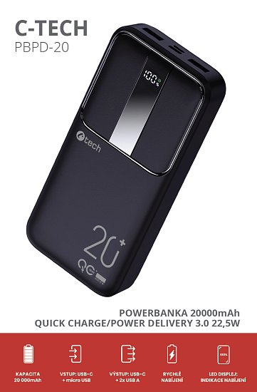 Powerbanka C-tech 20000mAh, Li-Pol, 22,5W, USB-C/USB-A/micro USB