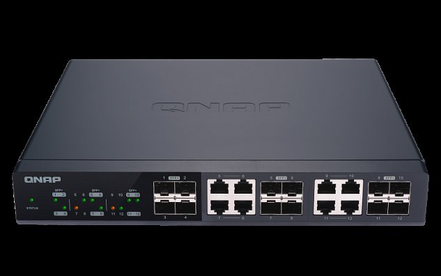 QNAP řízený switch QSW-M1208-8C: 12x 10G port SFP+ (4x SFP+ a 8x kombinované SFP+ / RJ-45)