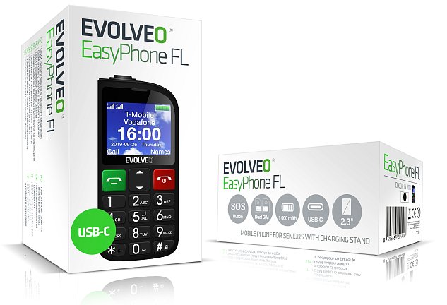 EVOLVEO EasyPhone FL, mobilní telefon pro seniory s nabíjecím stojánkem, černá