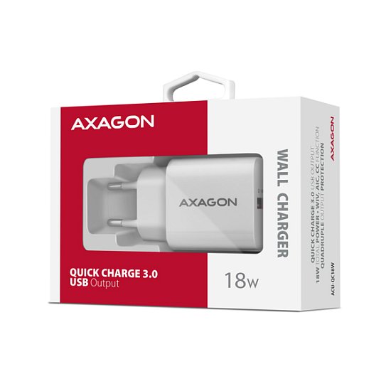 AXAGON ACU-QC18W, nabíječka do sítě 18W, 1x port USB-A, QC3.0/AFC/Apple, bílá