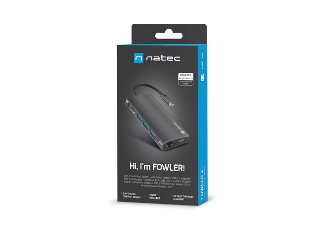 Natec multiport adaptér FOWLER 2 3X USB 3.0 HUB, HDMI 4K, USB-C, RJ45, SD, MICRO SD