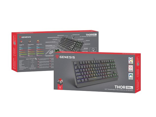 Genesis herní klávesnice THOR 230/TKL/RGB/Outemu Red/Drátová USB/US layout/Černá