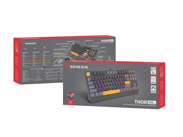 Genesis herní klávesnice THOR 230/TKL/RGB/Outemu Red/Drátová USB/US layout/Anchor Positive Šedá