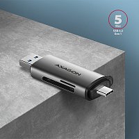 AXAGON CRE-SAC, USB3.2 Gen 1 Type-C + Type-A externí čtečka karet SD/microSD, podpora UHS-I