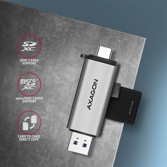 AXAGON CRE-SAC, USB3.2 Gen 1 Type-C + Type-A externí čtečka karet SD/microSD, podpora UHS-I