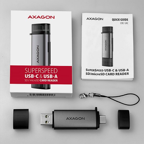 AXAGON CRE-SAC, USB3.2 Gen 1 Type-C + Type-A externí čtečka karet SD/microSD, podpora UHS-I