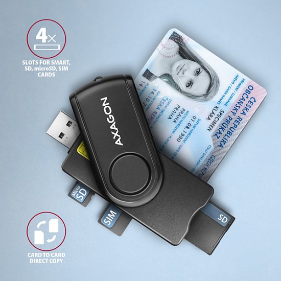 AXAGON CRE-SMP2A, USB-A + USB-C PocketReader 4-slot čtečka Smart card (eObčanka) + SD/microSD/SIM