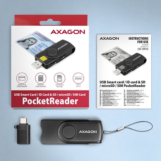 AXAGON CRE-SMP2A, USB-A + USB-C PocketReader 4-slot čtečka Smart card (eObčanka) + SD/microSD/SIM