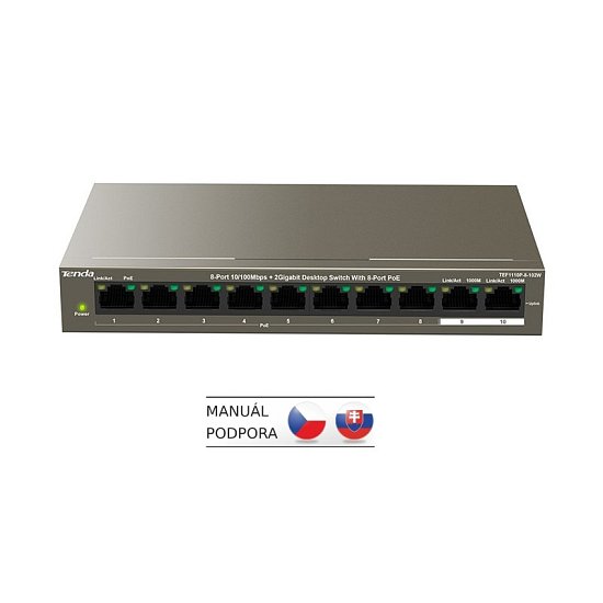 Tenda TEF1110P-8-102W PoE AT switch - 8x PoE 100 Mb/s + 2x Uplink 1 Gb/s, PoE max 102W, fanless,PoE+