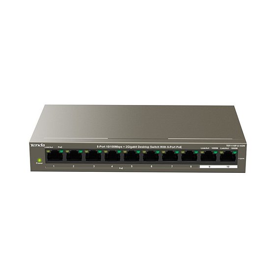 Tenda TEF1110P-8-102W PoE AT switch - 8x PoE 100 Mb/s + 2x Uplink 1 Gb/s, PoE max 102W, fanless,PoE+