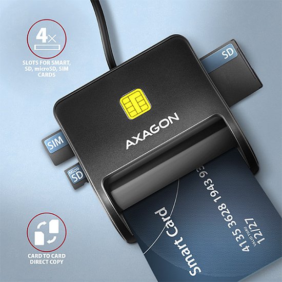 AXAGON CRE-SM3SD, USB-A FlatReader čtečka Smart card (eObčanka) + SD/microSD/SIM, kabel 1.3 m