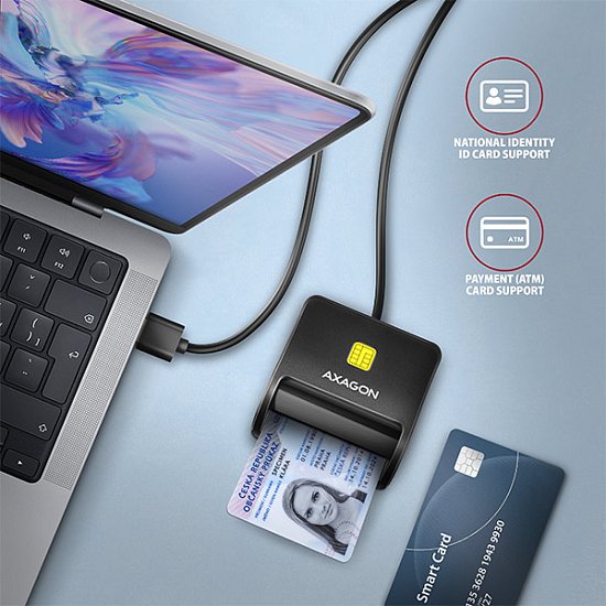 AXAGON CRE-SM3N, USB-A FlatReader čtečka kontaktních karet Smart card (eObčanka), kabel 1.3m