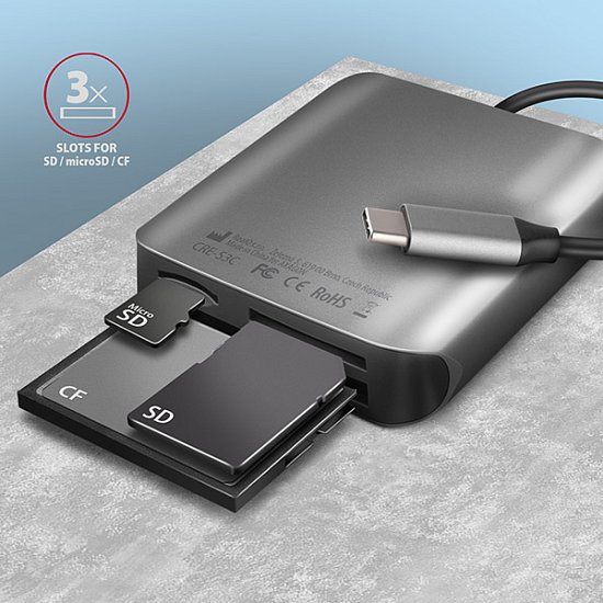 AXAGON CRE-S3C, USB-C 3.2 Gen 1 - SUPERSPEED čtečka karet 3-slot & lun SD/microSD/CF, podpora UHS-II