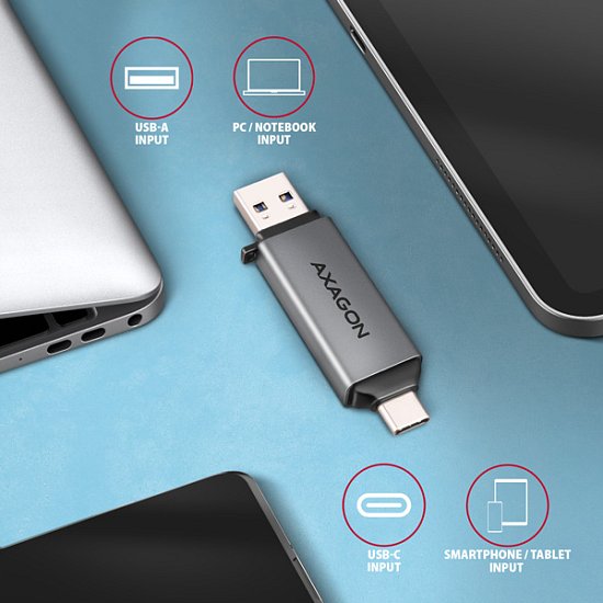 AXAGON CRE-DAC, USB-C + USB-A, 5 Gbps - MINI čtečka karet, 2-slot & lun SD/microSD, podpora UHS-I