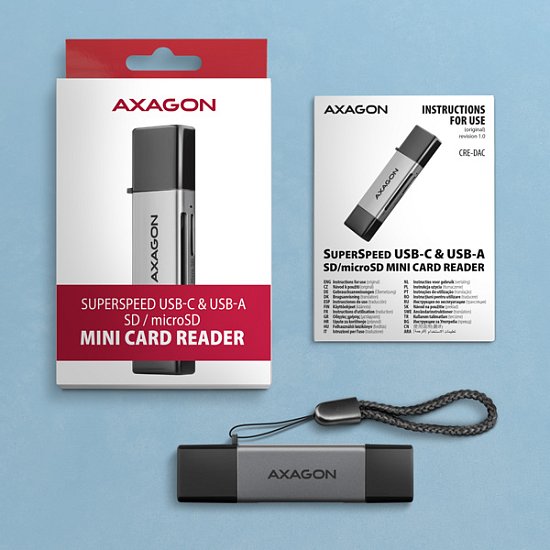 AXAGON CRE-DAC, USB-C + USB-A, 5 Gbps - MINI čtečka karet, 2-slot & lun SD/microSD, podpora UHS-I