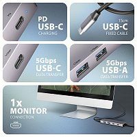 AXAGON HMC-5H60, USB 5Gbps hub, porty 2x USB-A, 1x USB-C, HDMI 4k/60, PD 100W, kabel USB-C 15cm