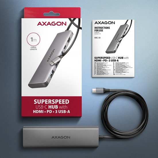 AXAGON HMC-5H, USB 5Gbps hub, 3x USB-A, HDMI 4k/30Hz, PD 100W, kabel USB-C 100cm