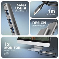 AXAGON HMC-5H, USB 5Gbps hub, 3x USB-A, HDMI 4k/30Hz, PD 100W, kabel USB-C 100cm