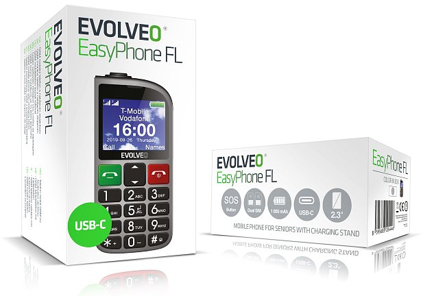 EVOLVEO EasyPhone FL, mobilní telefon pro seniory s nabíjecím stojánkem, stříbrná