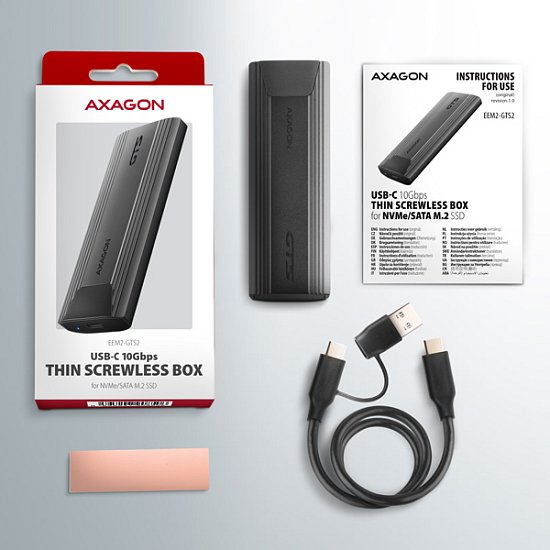 AXAGON EEM2-GTS2, USB-C 10Gbps - M.2 NVMe & SATA SSD kovový THIN box, bezšroubkový