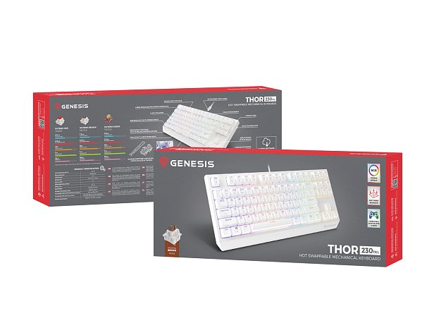 Genesis herní klávesnice THOR 230/TKL/RGB/Outemu Brown/Drátová USB/US layout/Bílá