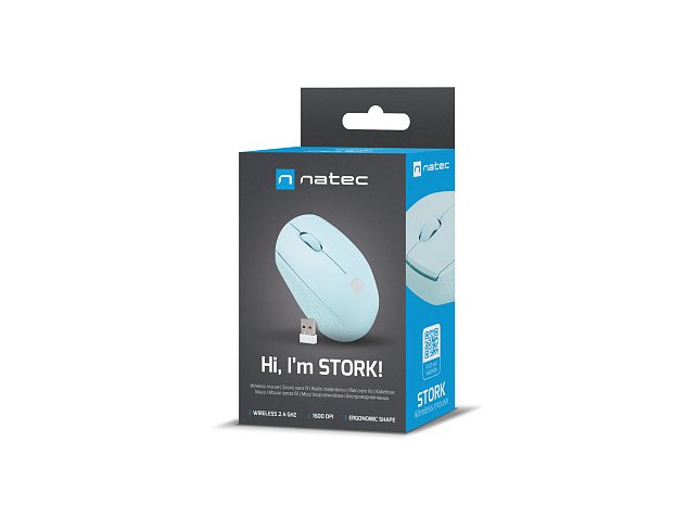 Myš Natec STORK/Kancelářská/Optická/1 600 DPI/Bezdrátová USB/Modrá