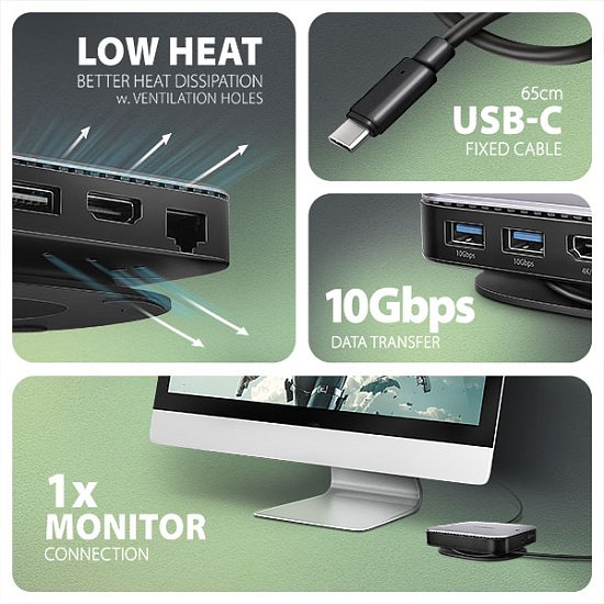 AXAGON HMC-UFO, USB 10Gbps hub, 2x USB-A, USB-C, HDMI 4k/60, RJ-45, M.2 slot, SD/mSD, audio, PD