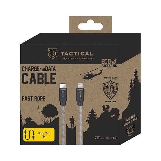 Tactical Fast Rope Aramid Cable USB-C/Lightning MFi 1m Grey