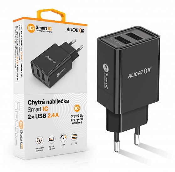 ALIGATOR Chytrá síťová nabíječka 2,4A, 2xUSB, smart IC, černá