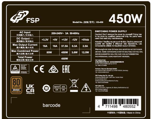 FSP HYPER 80+ PRO/450W/ATX 3.0/80PLUS Bronze 230V/Bulk