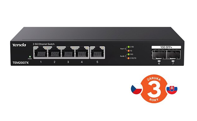 Tenda TEM2007X - Multi-gigabit switch, 5x 2.5G RJ45 + 2x 10G SFP+ port, MAC 16K, ochrana 6kV