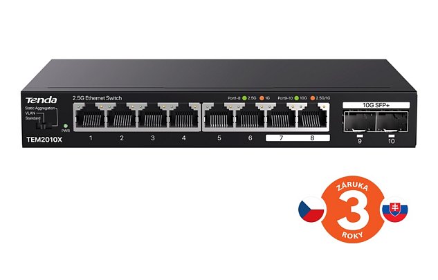 Tenda TEM2010X - Multi-gigabit switch, 8x 2.5G RJ45 + 2x 10G SFP+ port, MAC 16K, ochrana 6kV