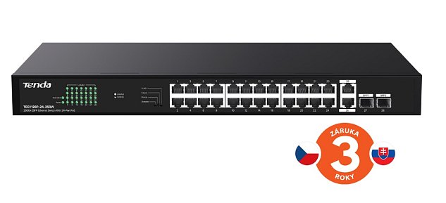 Tenda TEG1128P-24-250W PoE+ Gigabit switch 24x 1Gb/s PoE+ 802.3af/at + 2x SFP + 2x RJ45, 230W, Rack