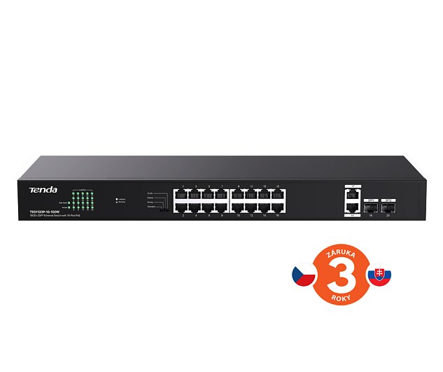 Tenda TEG1120P-16-150W PoE+ Gigabit switch 16x 1Gb/s PoE+ 802.3af/at + 2x SFP + 2x RJ45, 135W, Rack