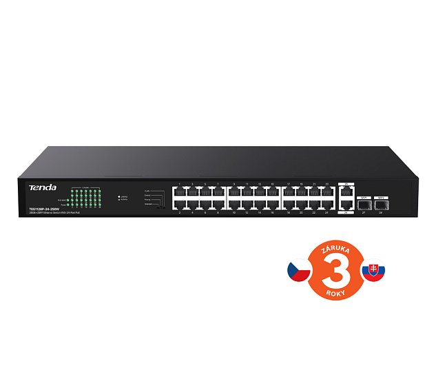 Tenda TEG1128P-24-250W PoE+ Gigabit switch 24x 1Gb/s PoE+ 802.3af/at + 2x SFP + 2x RJ45, 230W, Rack