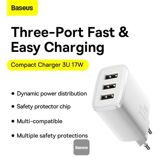 Baseus nabíječka do sítě Compact 3xUSB 17W bílá