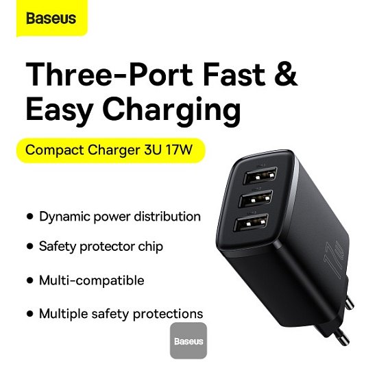 Baseus nabíječka do sítě Compact 3xUSB 17W černá