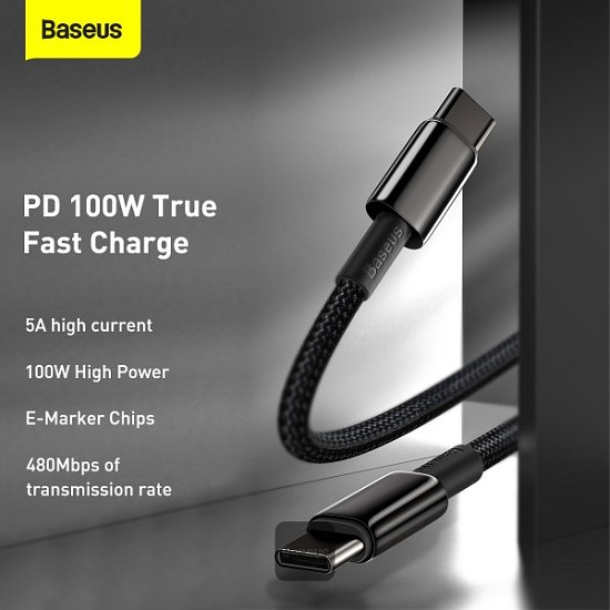 Baseus datový kabel Tungsten Gold USB-C/USB-C 2m 100W černý