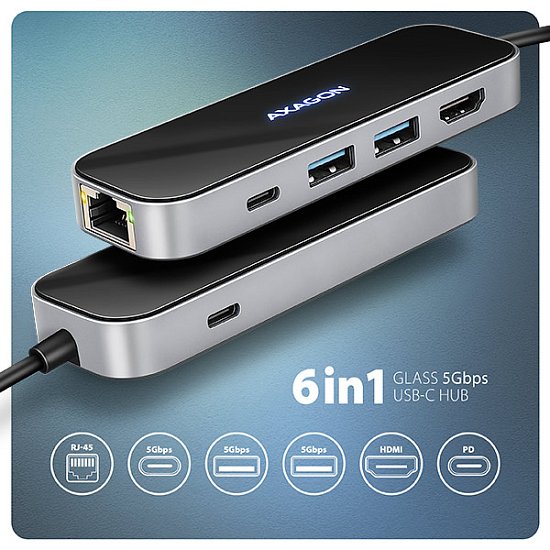 AXAGON HMC-6GLN, USB 5Gbps hub, 2x USB-A, USB-C, HDMI 4k/60Hz, RJ-45 GLAN, PD 100W, kabel USB-C 20cm