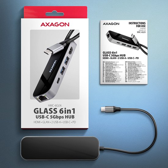 AXAGON HMC-6GLN, USB 5Gbps hub, 2x USB-A, USB-C, HDMI 4k/60Hz, RJ-45 GLAN, PD 100W, kabel USB-C 20cm