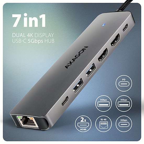 AXAGON HMC-7HX2, USB 5Gbps hub, 2x USB-A, USB-C, 2x HDMI 4k/60Hz, RJ-45 GLAN, PD 100W, kabel 15cm