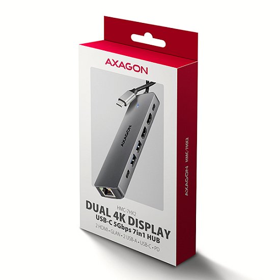 AXAGON HMC-7HX2, USB 5Gbps hub, 2x USB-A, USB-C, 2x HDMI 4k/60Hz, RJ-45 GLAN, PD 100W, kabel 15cm