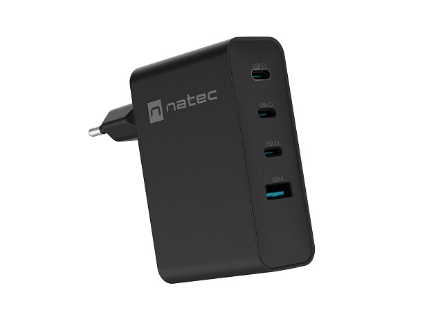 Univerzální USB nabíječka Natec GaN 100W, 3X USB-C, 1X USB-A, Černá