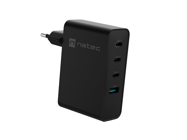 Univerzální USB nabíječka Natec GaN 100W, 3X USB-C, 1X USB-A, Černá